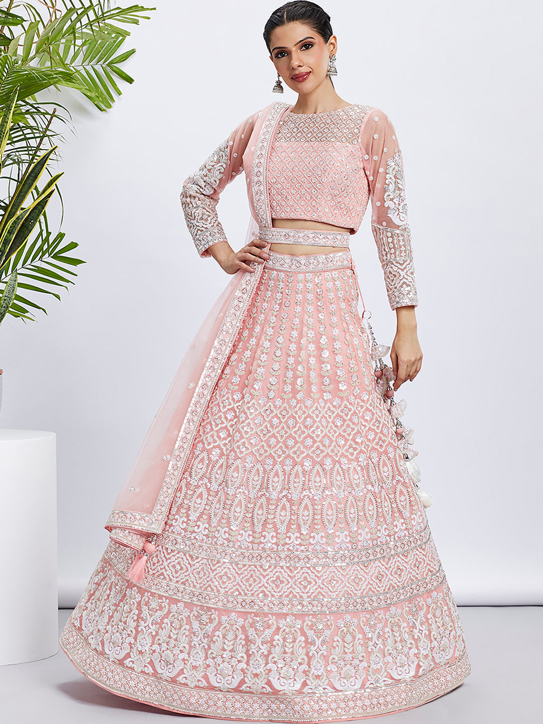 Coral Net Sequins and Thread Embroidery Lehenga choli & Dupatta