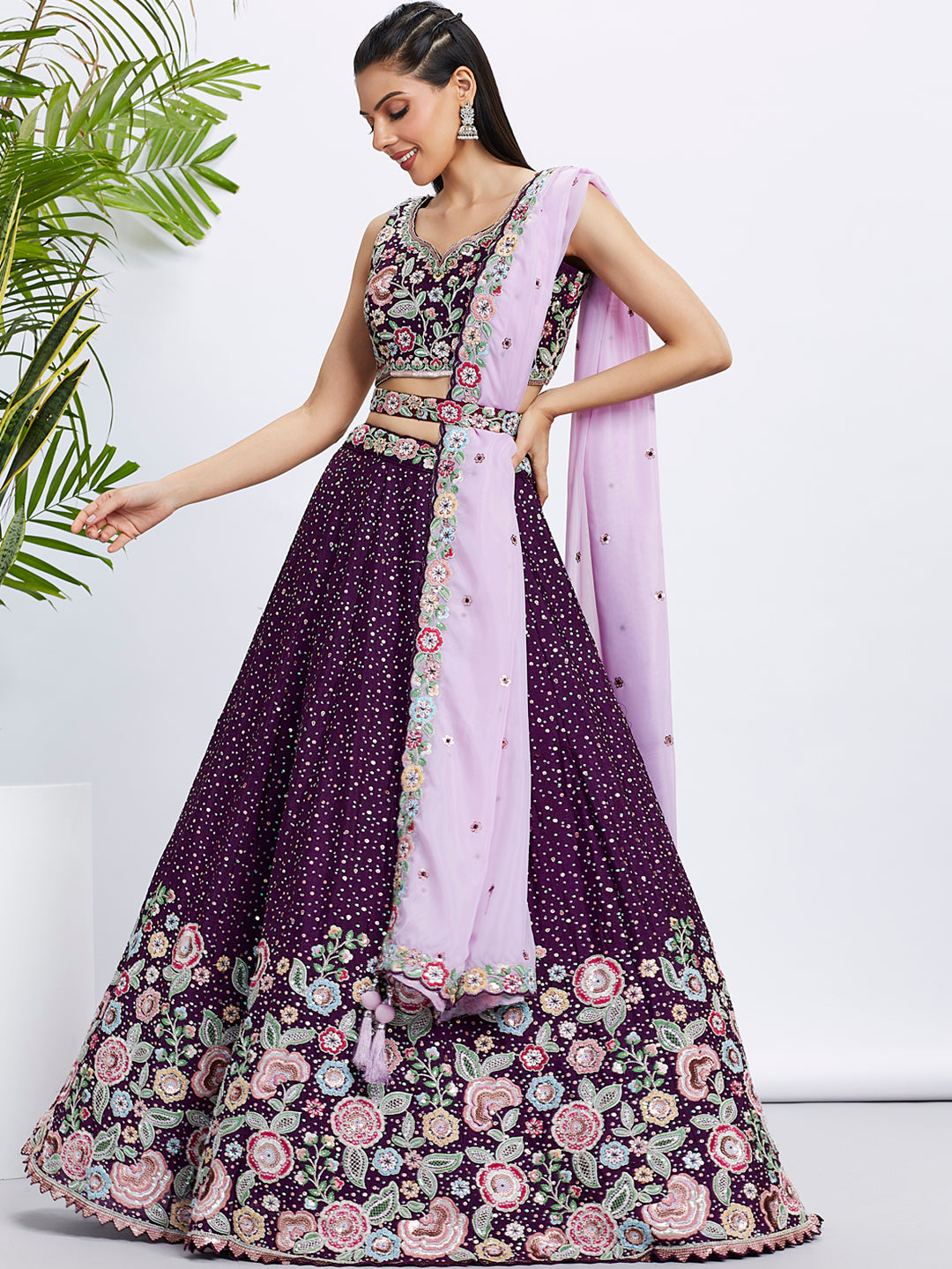 Purple Pure Chiffon Sequins Thread Embroidery Lehenga Choli & Dupatta