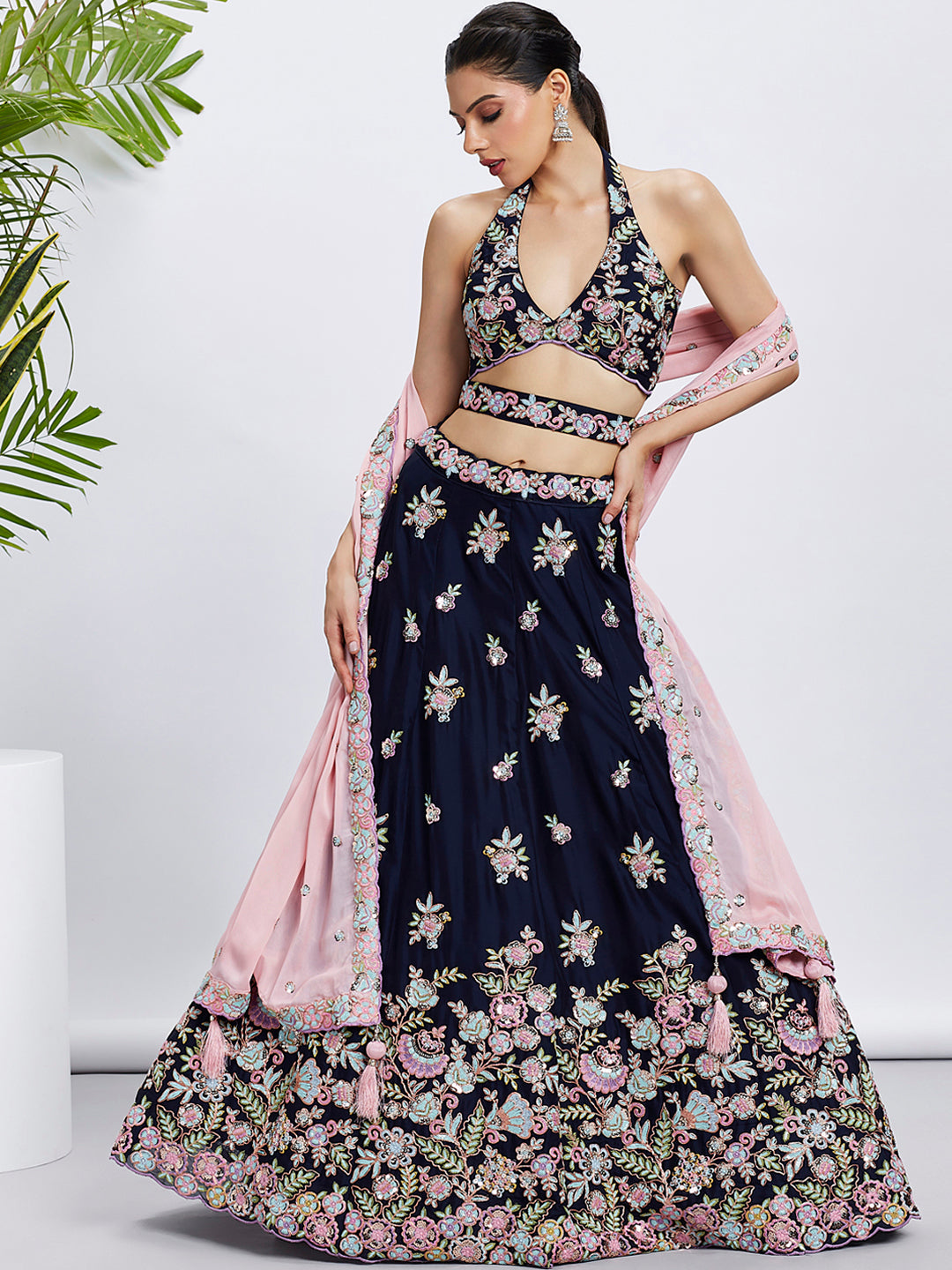 Navy Blue Georgette Sequins Thread Embroidery Lehenga Choli & Dupatta