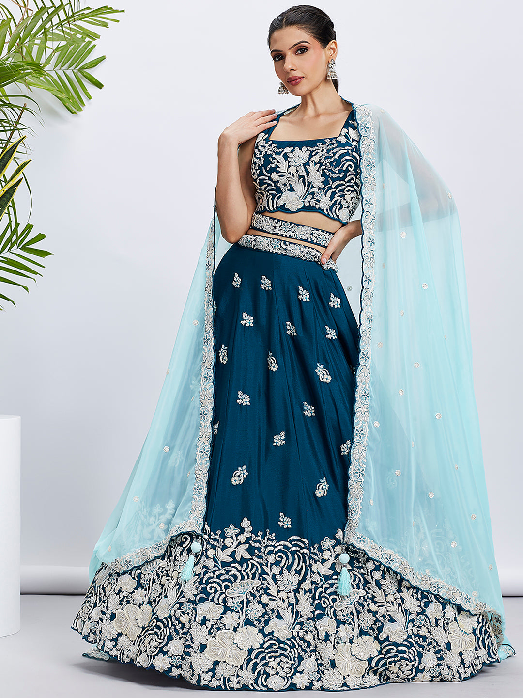 Teal Georgette Sequins Thread Embroidery Lehenga Choli & Dupatta