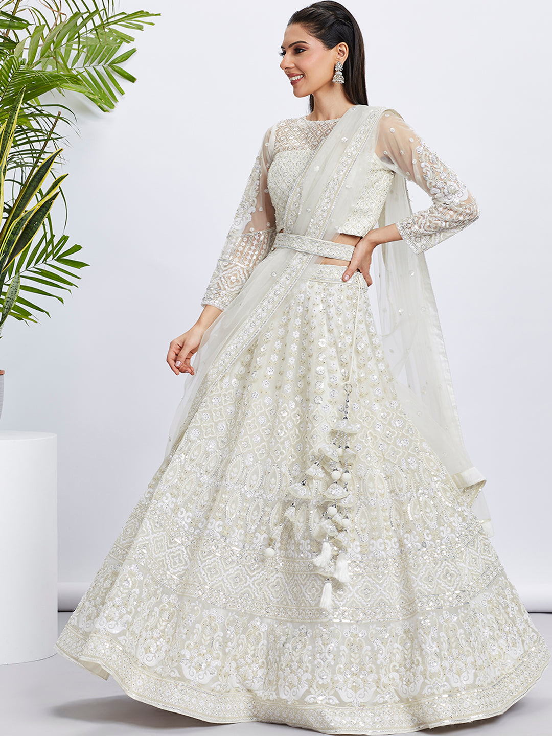 Cream Net Sequins and Thread Embroidery Lehenga Choli & Dupatta