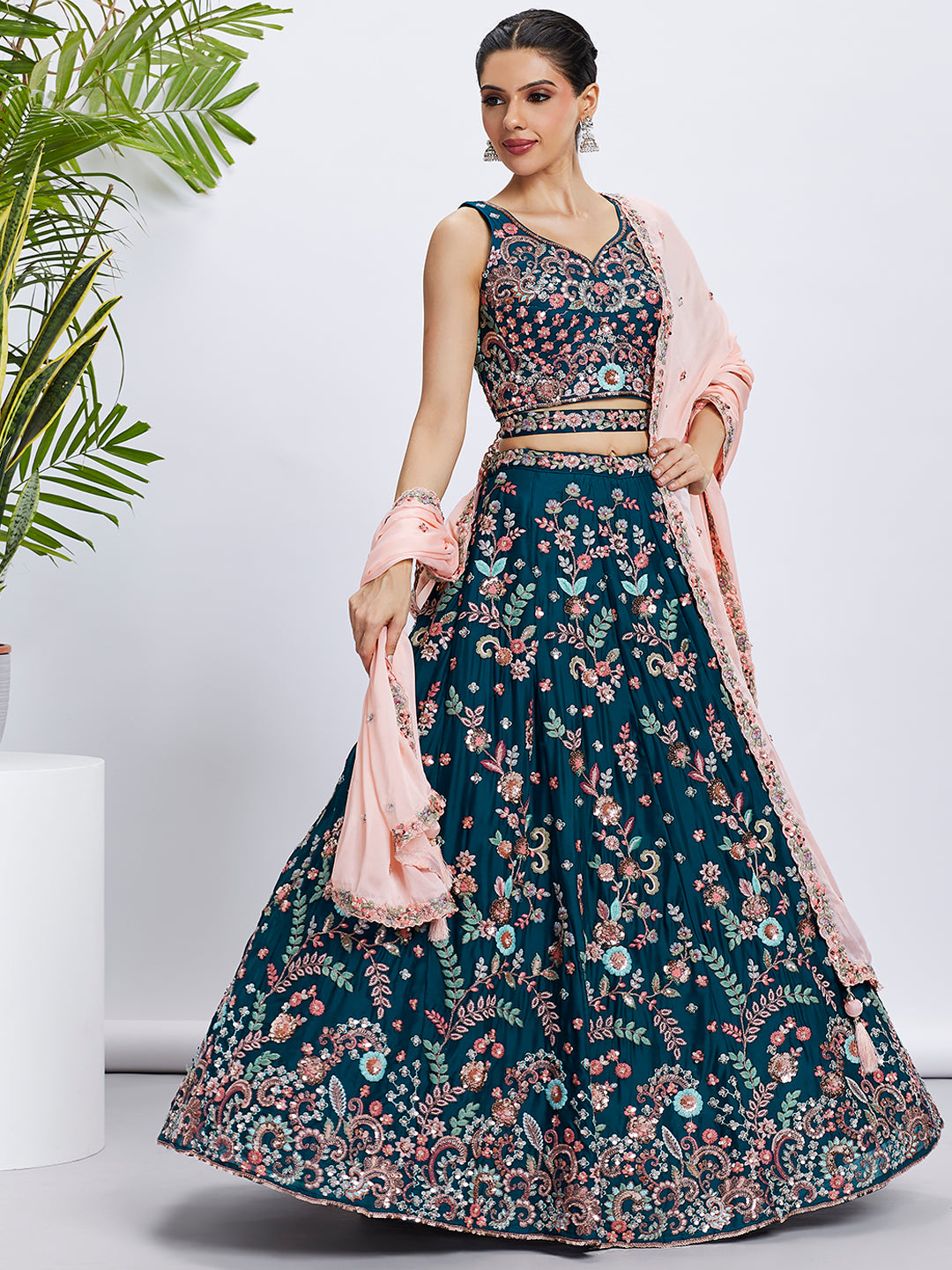 Teal Pure Georgette Sequins and Thread Embroidery Lehenga choli & Dupatta