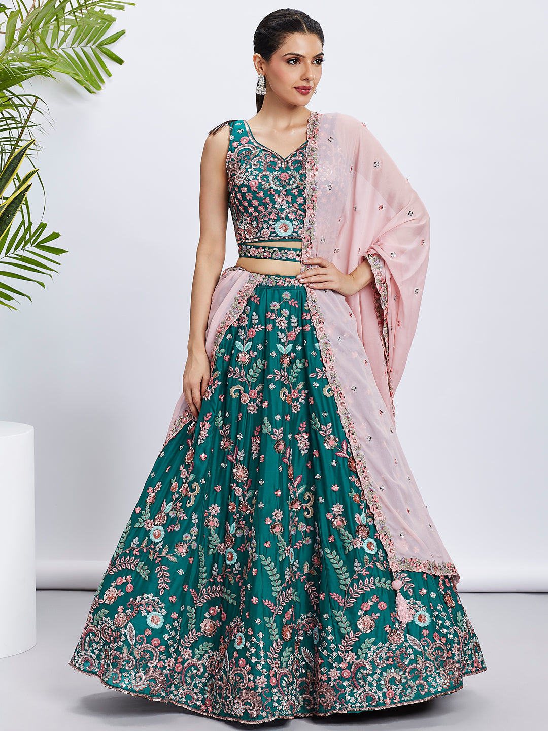 Green Georgette Sequins and Thread Embroidery Lehenga Choli & Dupatta