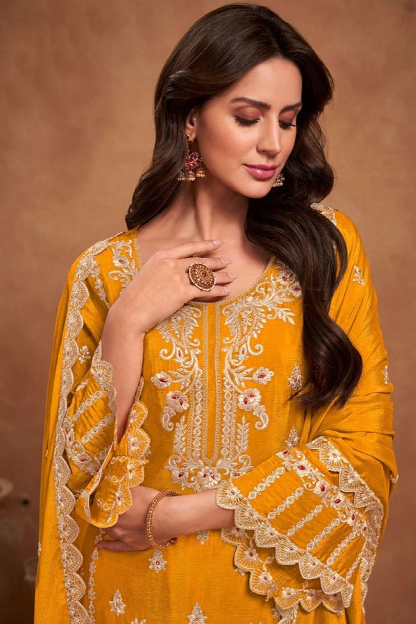 Beautiful Designer Mustard Yellow Pakistani Palazzo Kameez