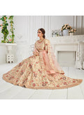 Elegant beige silk lehenga choli with heavy zari, thread embroidery, velvet patch, and zarkan work.