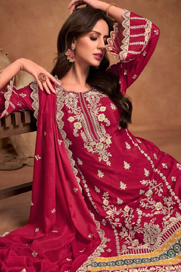 Beautiful Designer Strawberry Pink Pakistani Palazzo Kameez