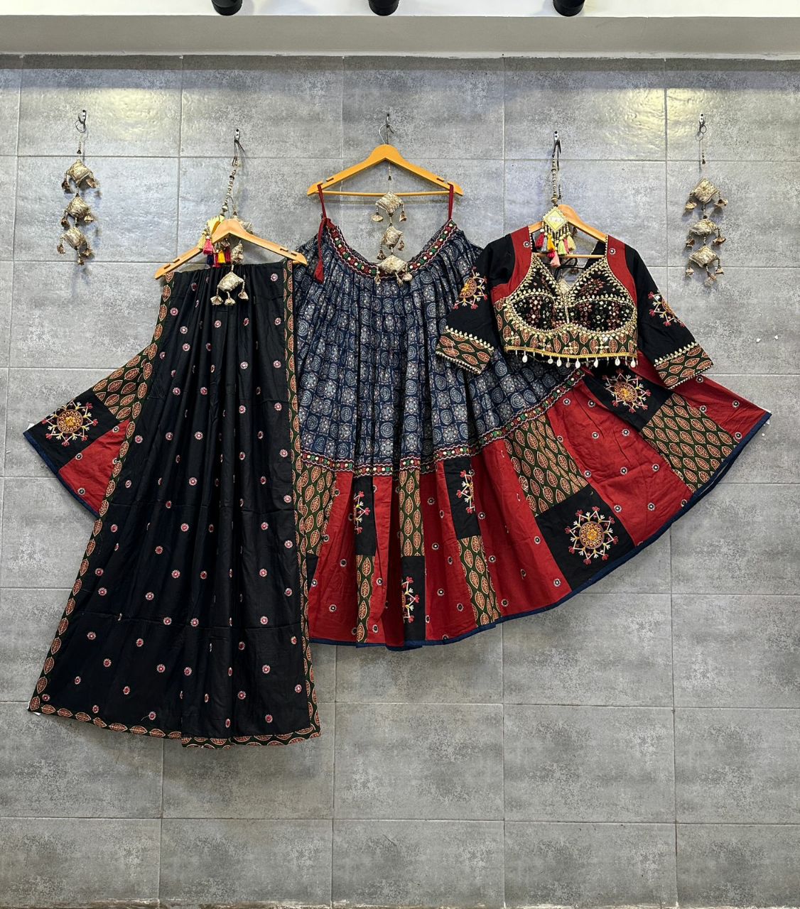 Black & Red Ikkat Khadi Cotton Chaniya Choli with Heavy Gamthi Work