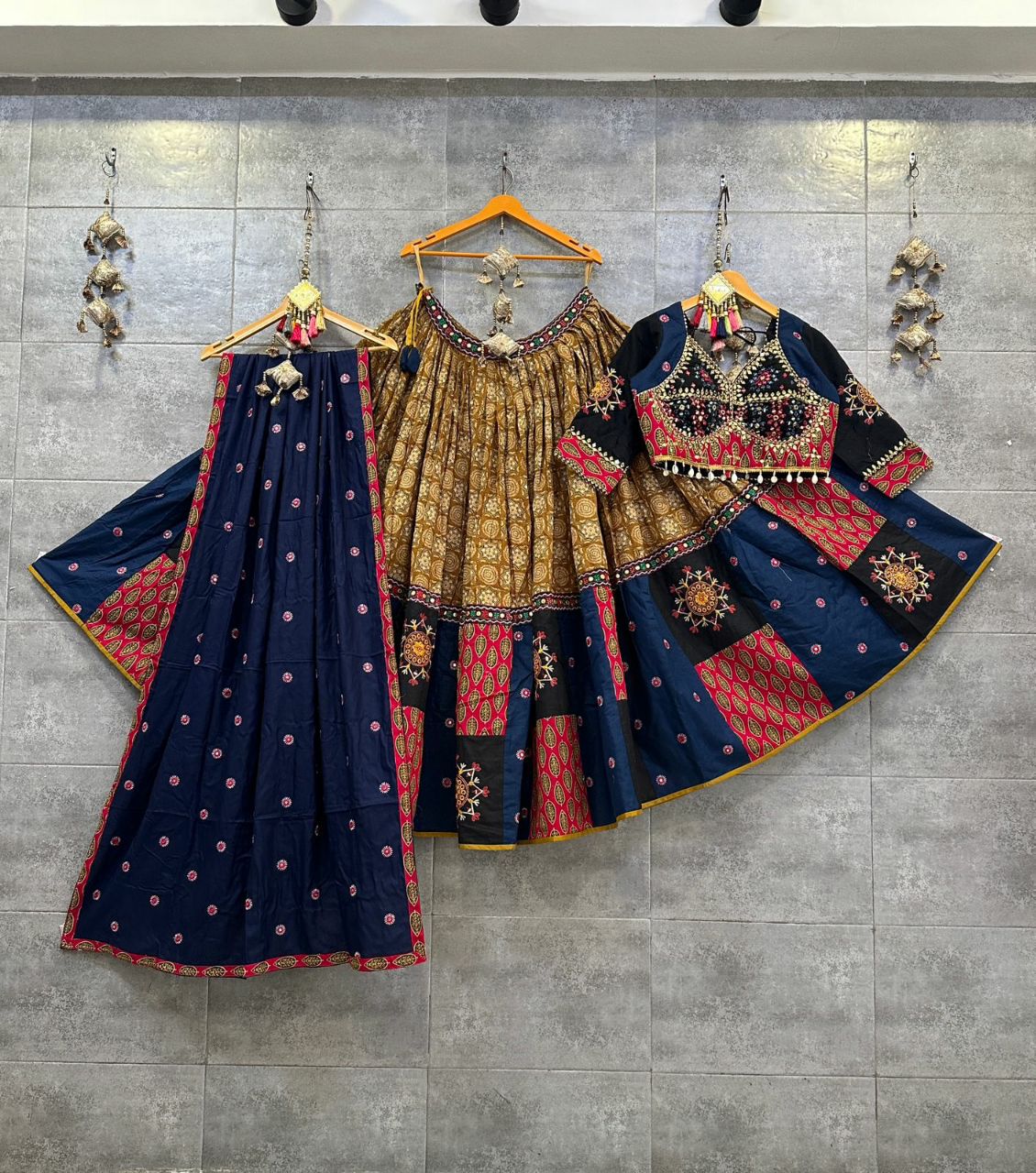 Blue & Mustard Ikkat Khadi Cotton Chaniya Choli with Heavy Gamthi Work