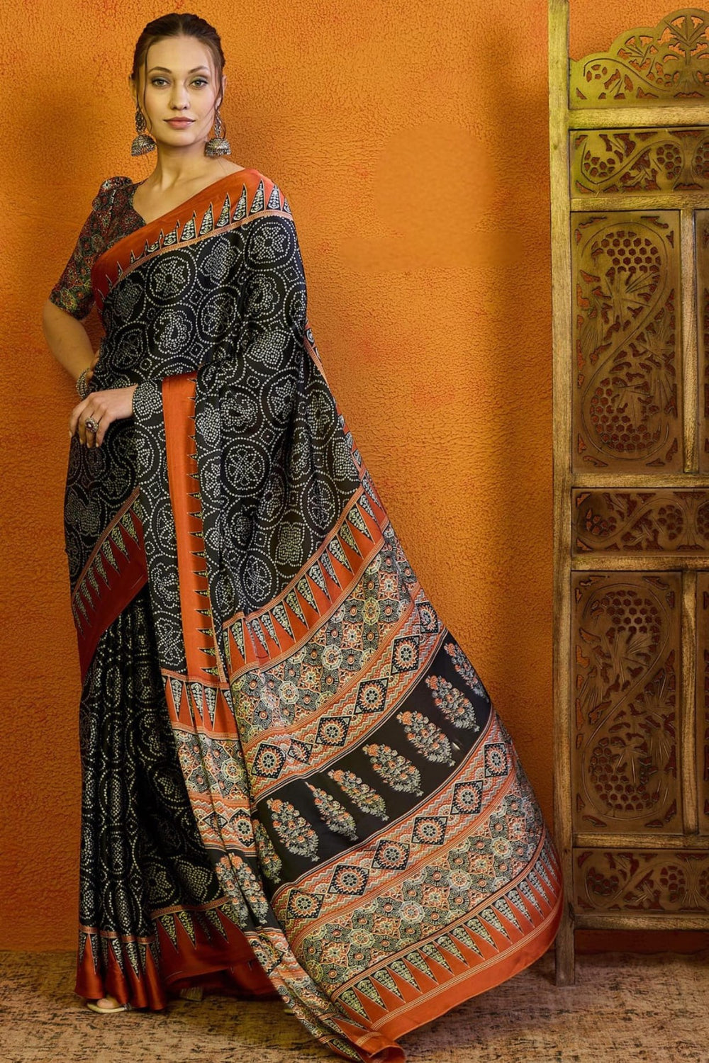 Ajrakh Print Japan Crape Saree