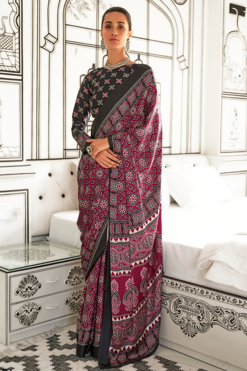 Ajrakh Print Japan Crape Saree