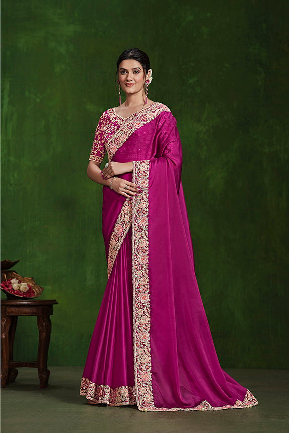 Pink Habotai Silk Sequence with Handwork Saree with Stitched Blouse