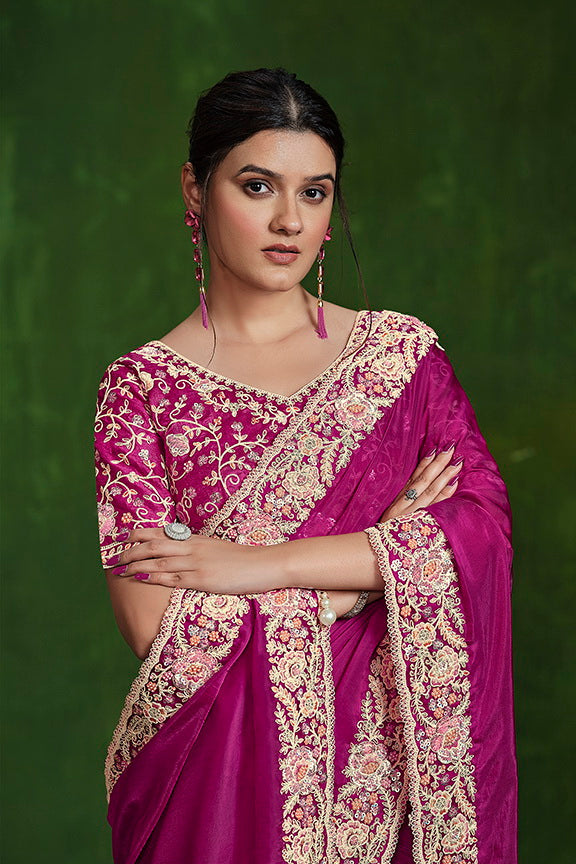 Pink Habotai Silk Sequence with Handwork Saree with Stitched Blouse