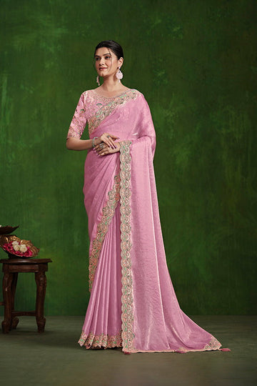 Pink Tone Satin Silk Dual Sequence with Diamond work Saree with Stitched Blouse