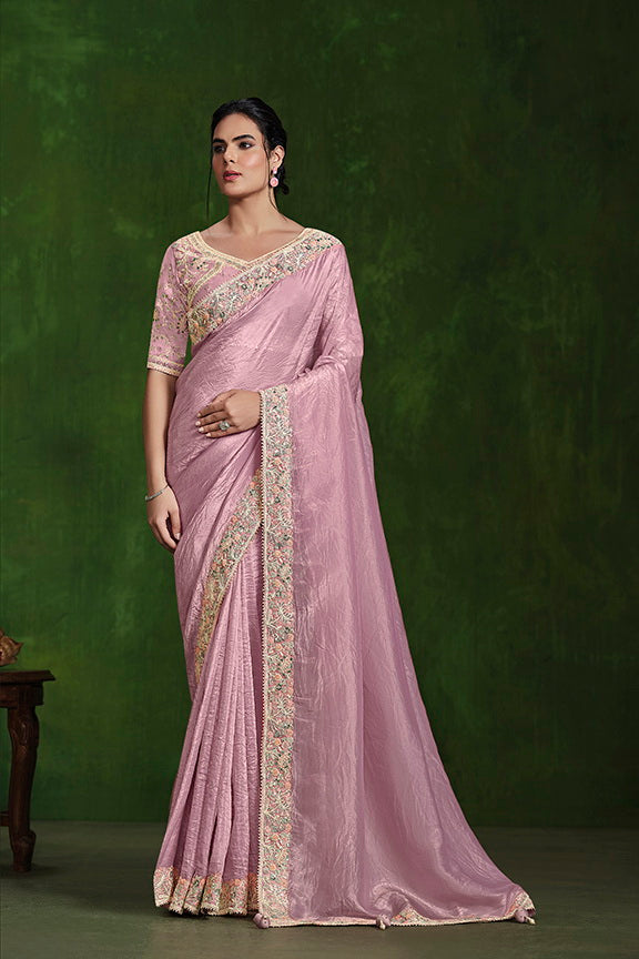 Dusty Pink Crush Paper Silk Dual Sequence with Handwork Saree with Stitched Blouse