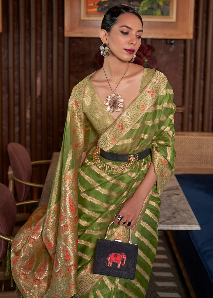 Avocado Green Meenakari Weaving Organza Silk Saree