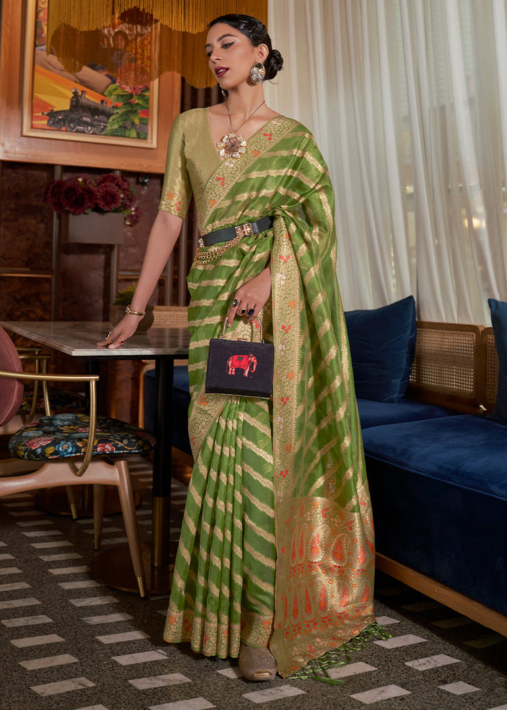 Avocado Green Meenakari Weaving Organza Silk Saree