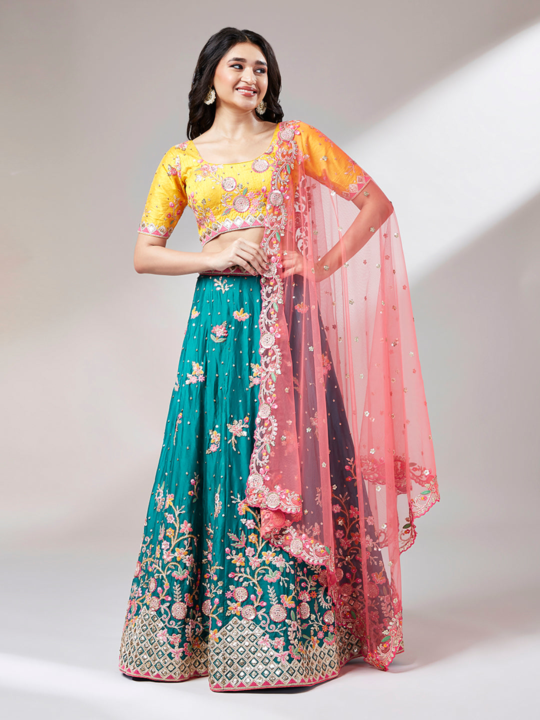 Teal Georgette Sequins Work Floral Lehenga & Blouse with Pink Dupatta