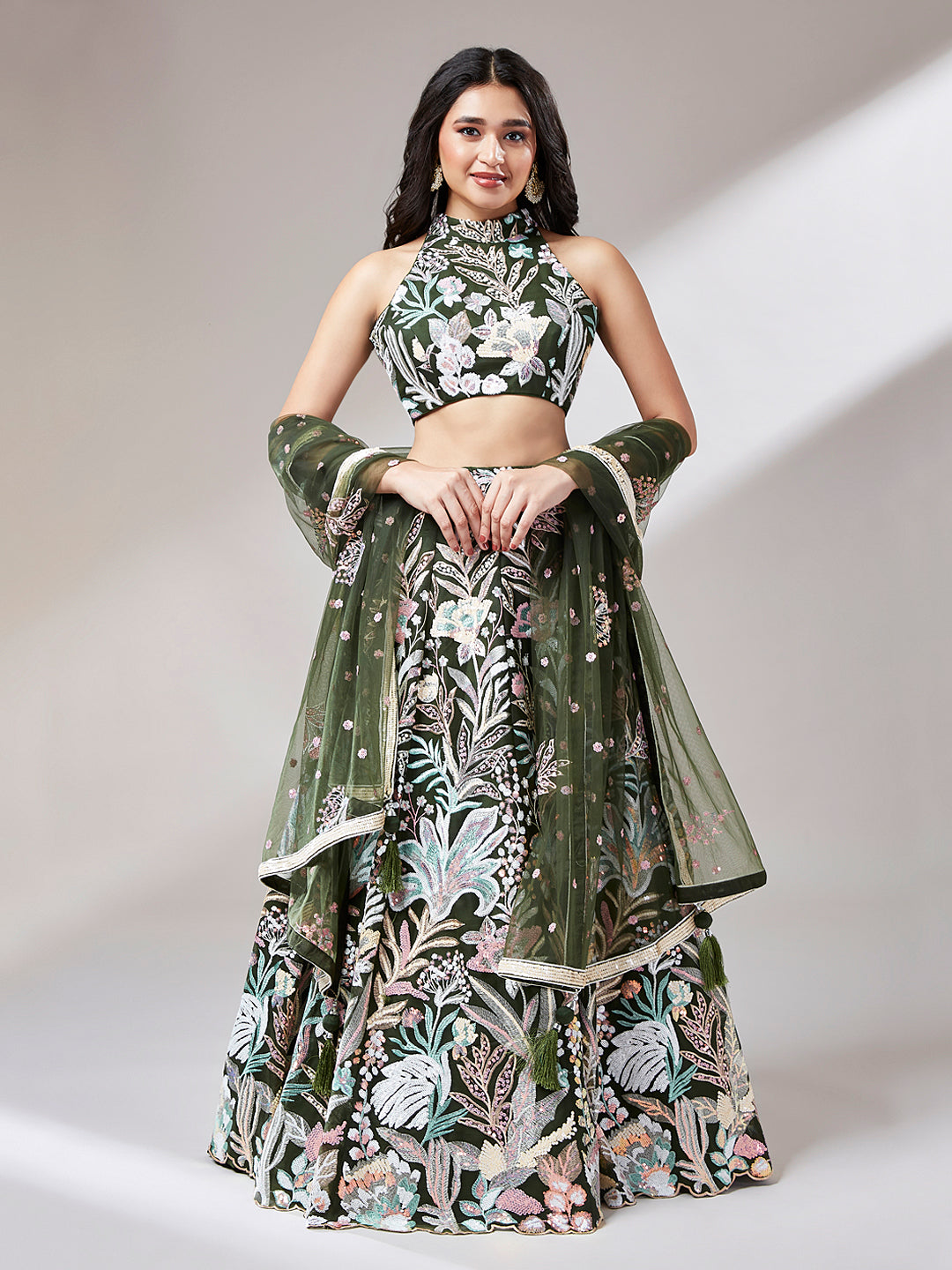 Olive Floral Net Sequin Work Lehenga & Unstitched Blouse with Dupatta