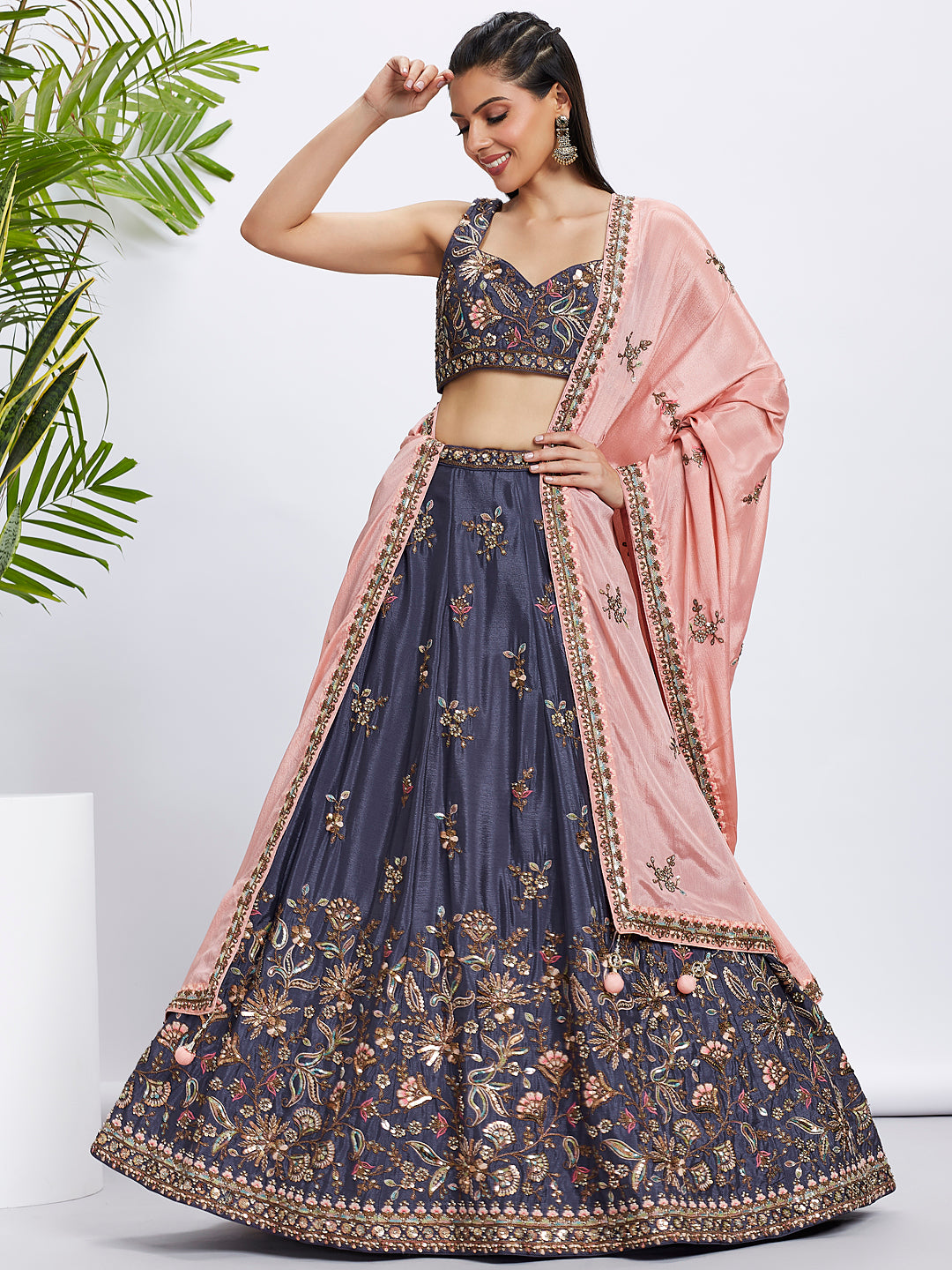 Violet and Peach Bridal Lehenga with Heavy Sequins Embroidery