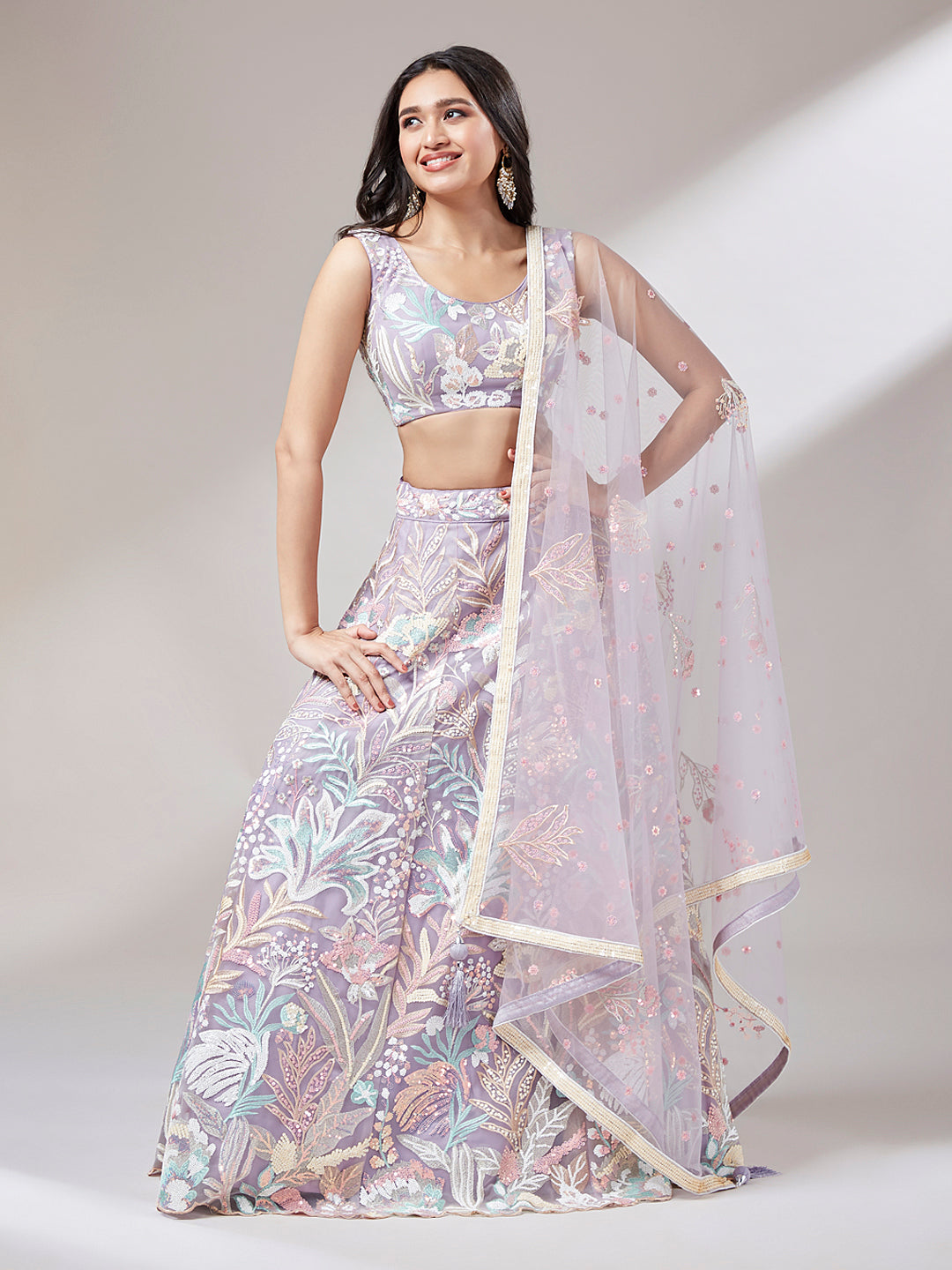 Mauve Floral Net Sequin Work Lehenga & Unstitched Blouse with Dupatta