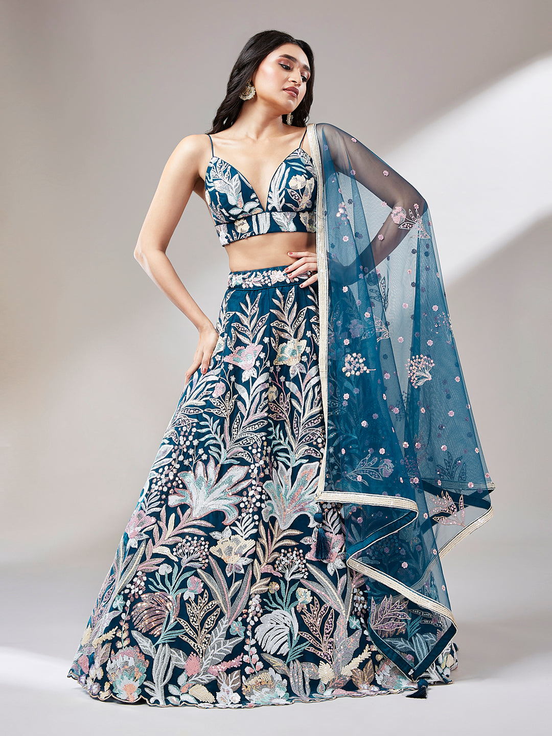 Navy Blue Floral Net Sequin Work Lehenga & Unstitched Blouse with Dupatta