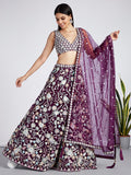 Burgundy Net Floral Sequins Embroidery Lehenga Choli with Dupatta
