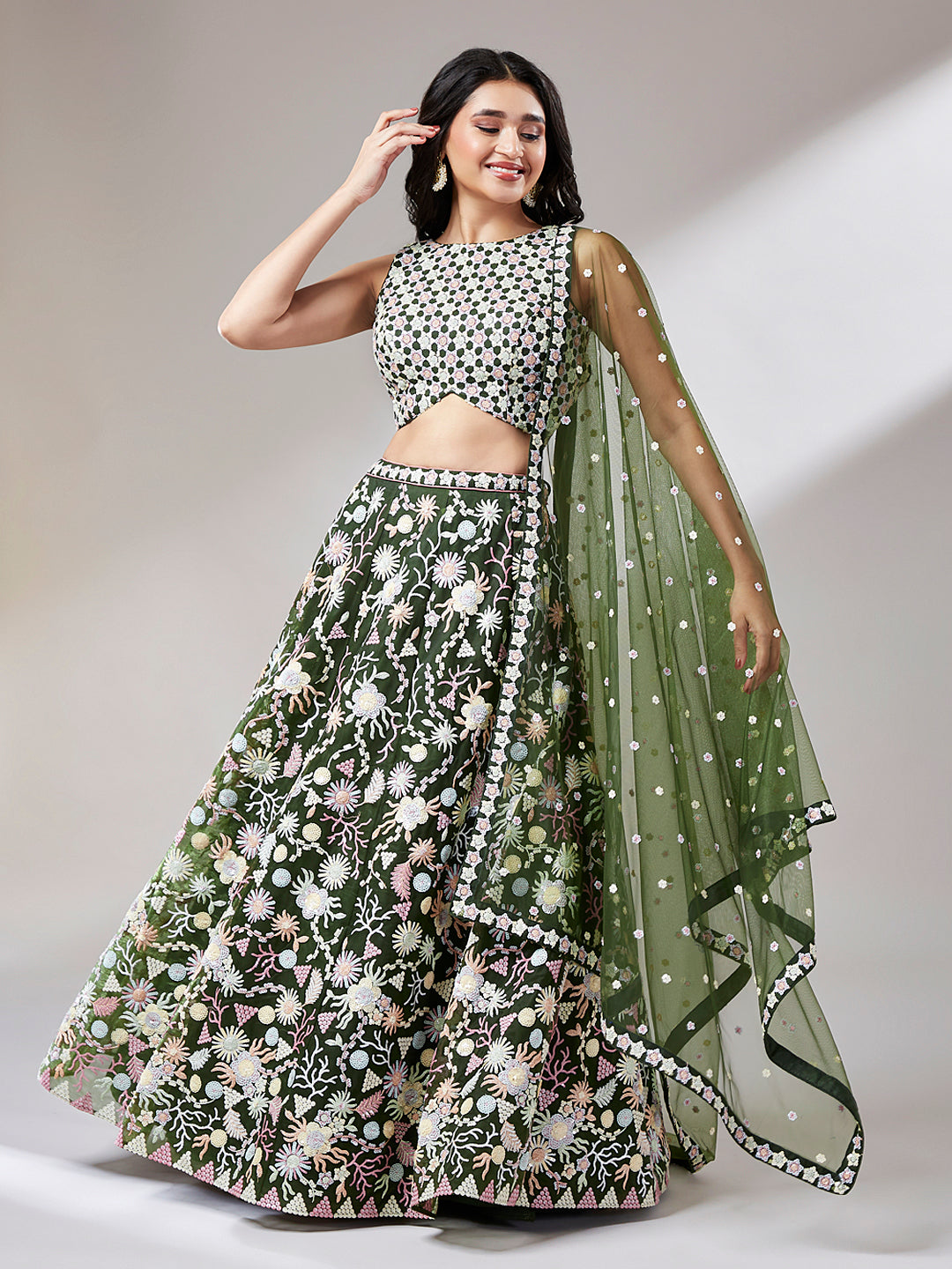 Olive Net Floral Sequins Embroidery Lehenga Choli with Dupatta