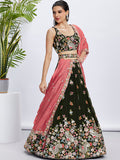 Olive Organza Sequins Thread Embroidery Lehenga Choli & Dupatta