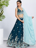 Teal Georgette Sequins & Thread Embroidery Lehenga Choli & Dupatta