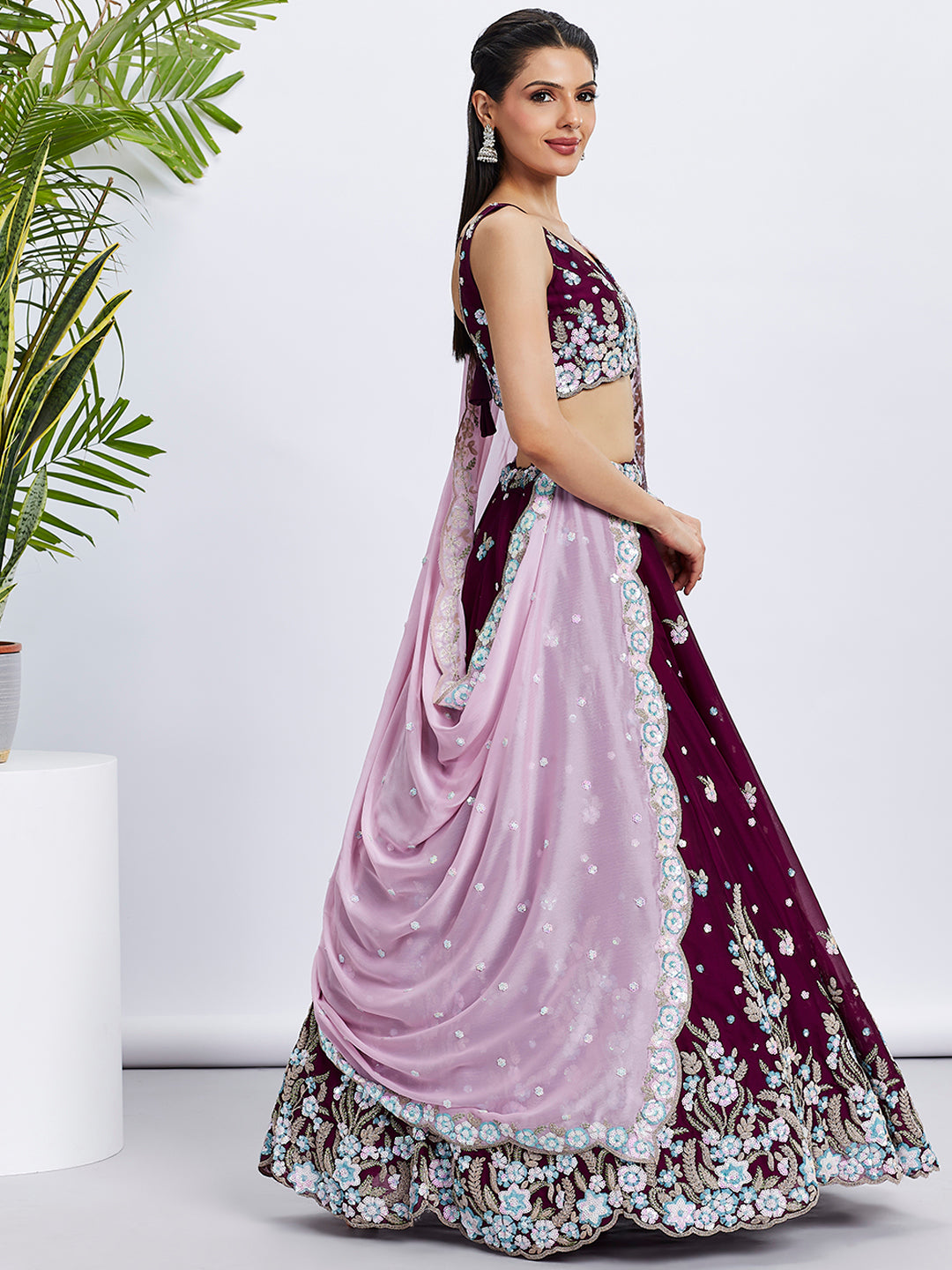 Burgundy Georgette Sequins and Thread Embroidery Lehenga Choli & Dupatta