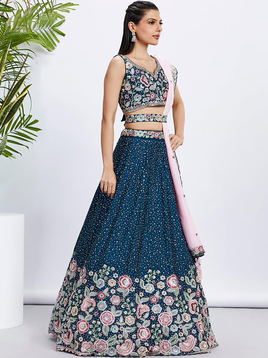 Navy Blue Chiffon Sequins Thread Embroidery Lehenga Choli & Dupatta