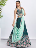 Green Pure Chiffon Sequins Thread Embroidery Lehenga Choli & Dupatta