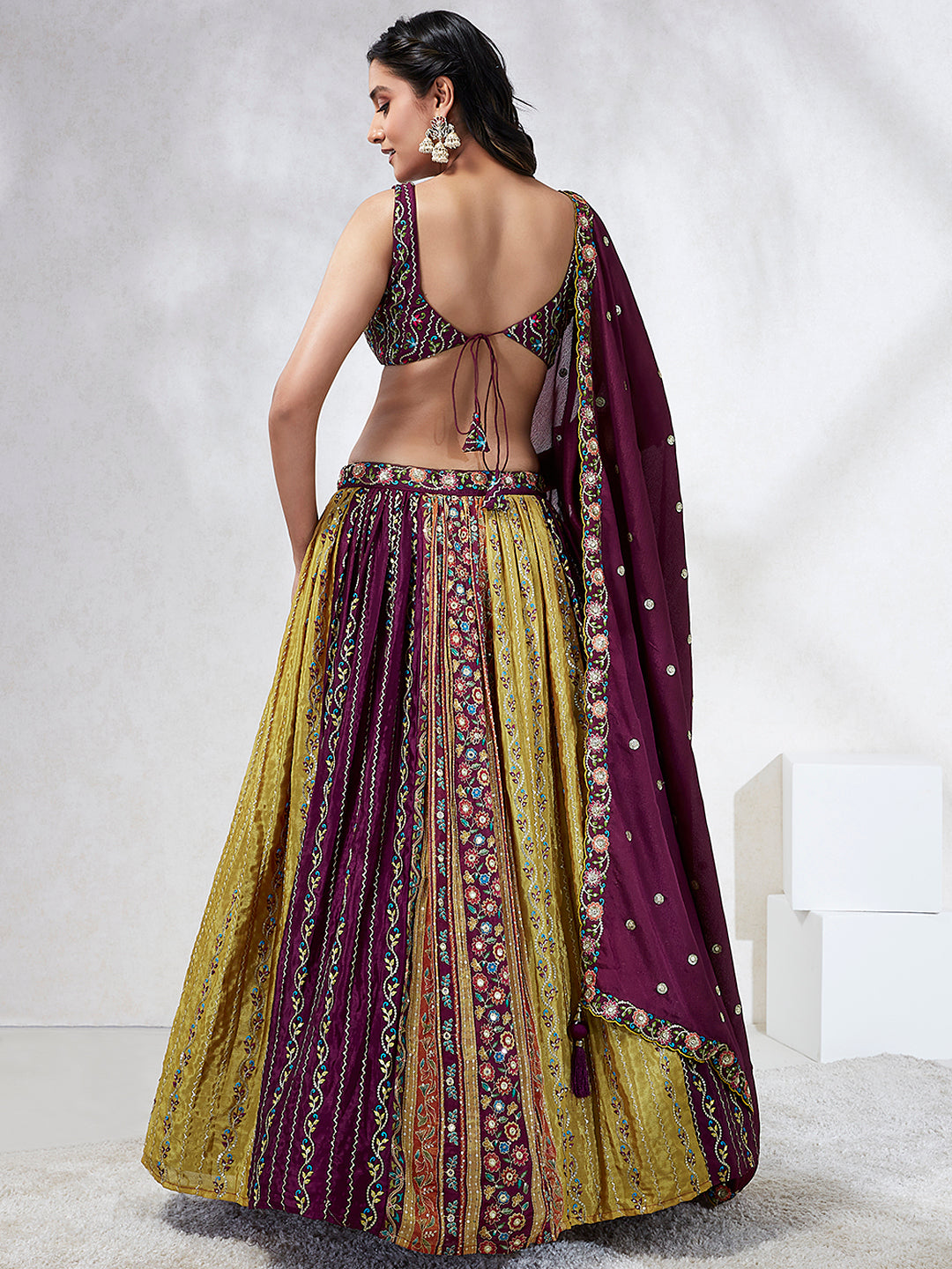 Burgundy Chiffon Position Print with Sequins Embroidery Lehenga Choli