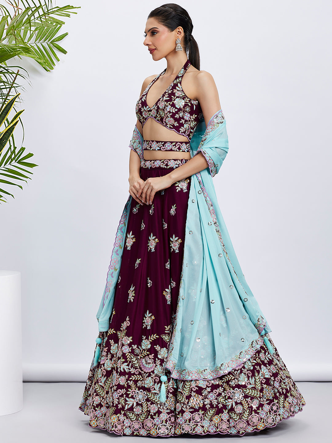 Burgundy Georgette Sequins Thread Embroidery Lehenga Choli & Dupatta