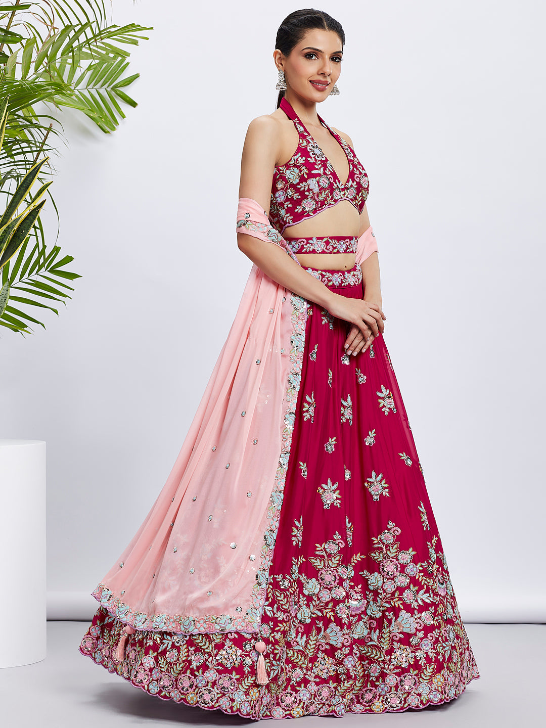 Rose Georgette Sequins and Thread Embroidery Lehenga Choli & Dupatta