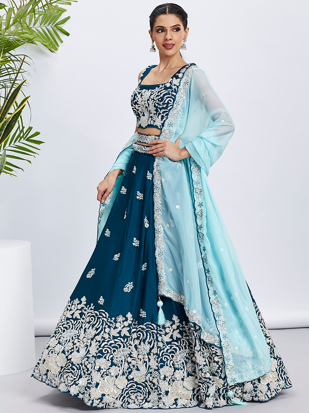 Teal Georgette Sequins Thread Embroidery Lehenga Choli & Dupatta