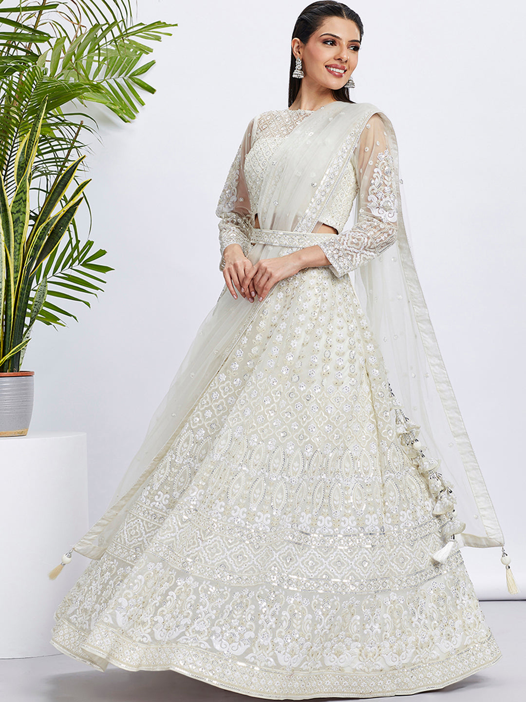 Cream Net Sequins and Thread Embroidery Lehenga Choli & Dupatta