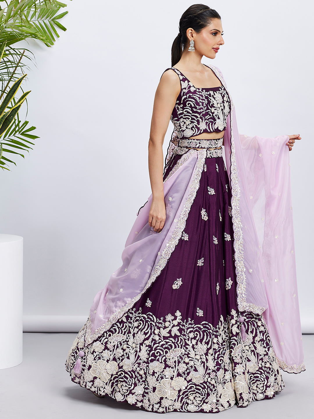 Purple Georgette Sequins Thread Embroidery Lehenga Choli & Dupatta