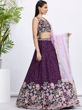 Purple Pure Chiffon Sequins Thread Embroidery Lehenga Choli & Dupatta