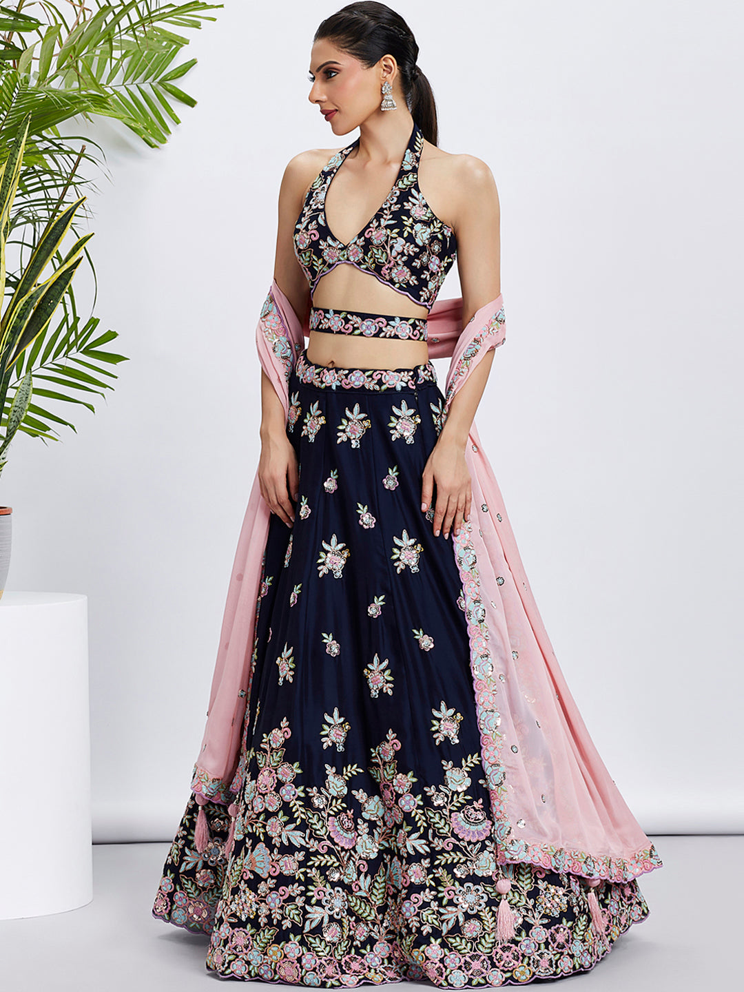 Navy Blue Georgette Sequins Thread Embroidery Lehenga Choli & Dupatta