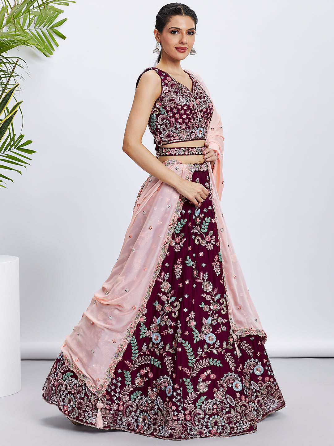 Burgundy Georgette Sequins and Thread Embroidery Lehenga Choli & Dupatta