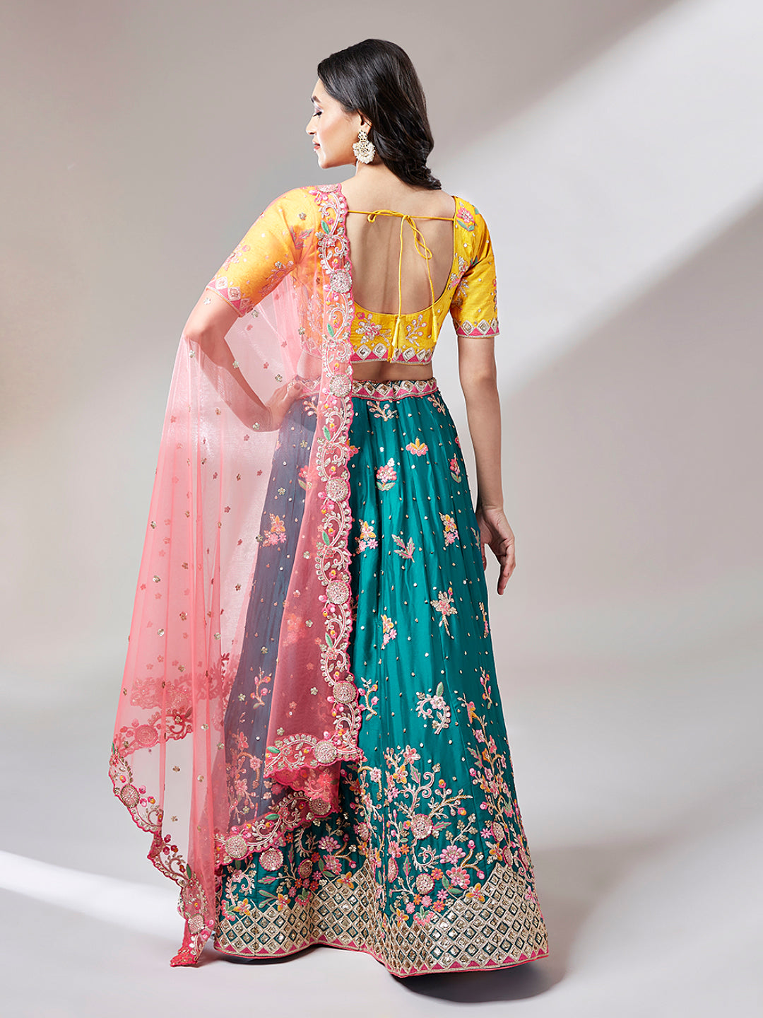 Teal Georgette Sequins Work Floral Lehenga & Blouse with Pink Dupatta