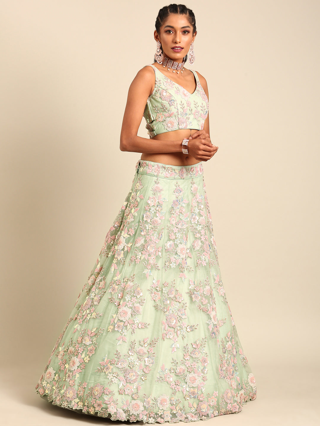 Lime Green Net Floral Sequins with Heavy Zarkan Embroidery Lehenga Choli & Dupatta
