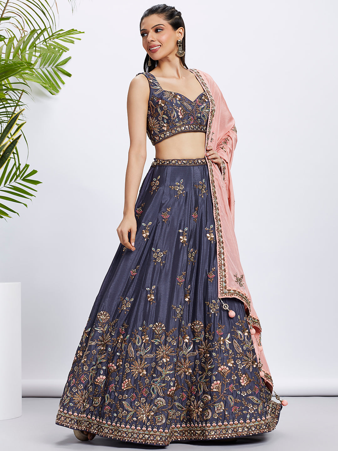 Violet and Peach Bridal Lehenga with Heavy Sequins Embroidery