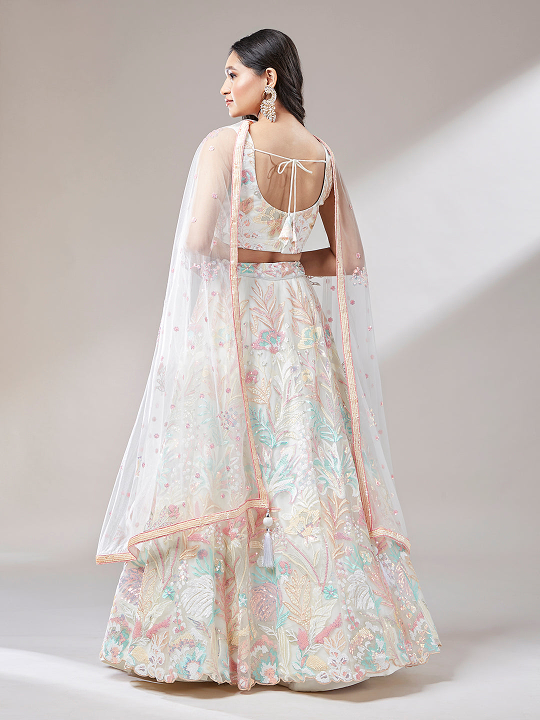 Cream Floral Net Sequin Work Lehenga & Unstitched Blouse with Dupatta
