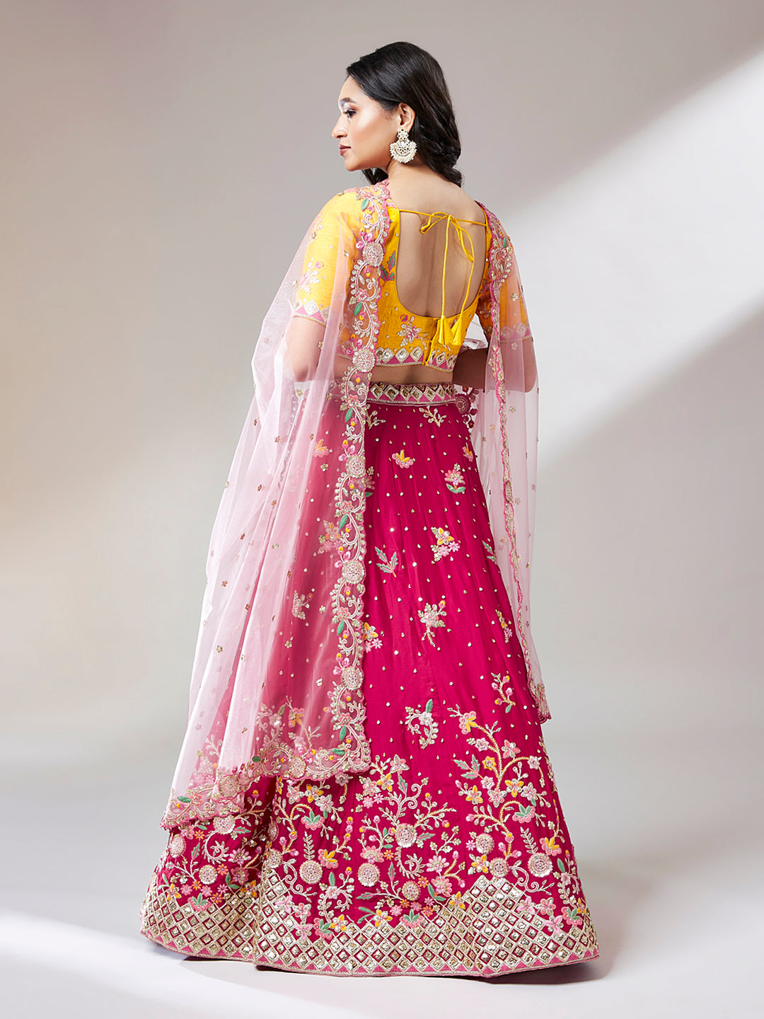 Rose Georgette Sequin Work Lehenga with Mustard Silk Blouse and Pink Net Dupatta