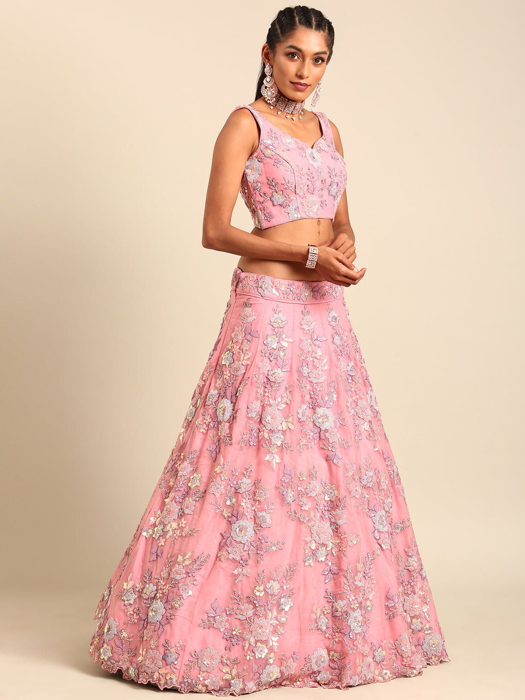 Pink Net Floral Sequins Lehenga Choli with Heavy Zarkan Embroidery and Dupatta