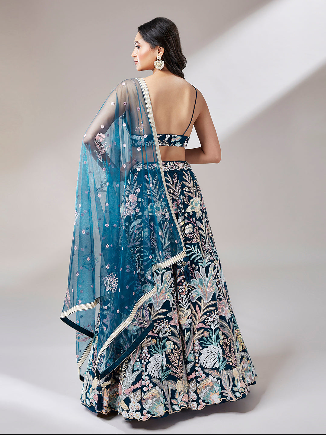 Navy Blue Floral Net Sequin Work Lehenga & Unstitched Blouse with Dupatta