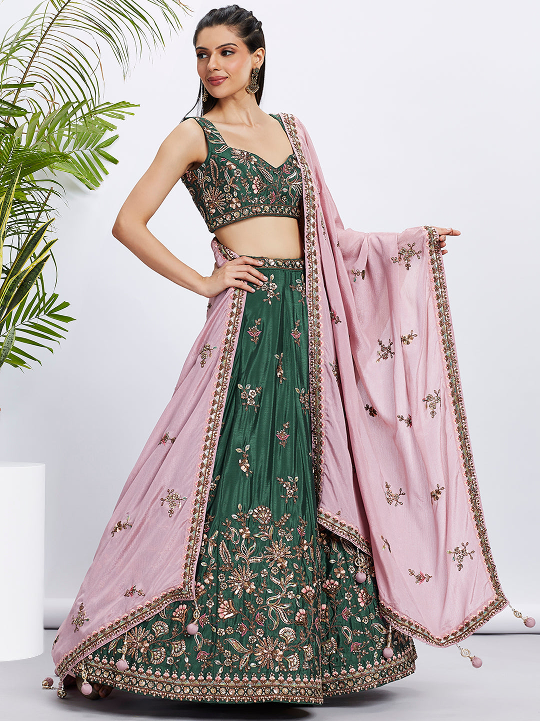 Green and Pink Bridal Lehenga with Heavy Sequins Embroidery Work