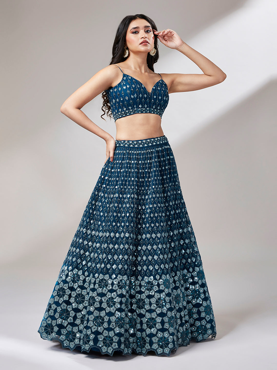 Navy Blue Net heavy Sequins Embroidery Lehenga Choli & Dupatta